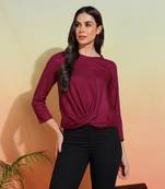 Yash gallery women's rayon  solid  waist lengtth draped style round neck  3/4th sleeve  top (purple)