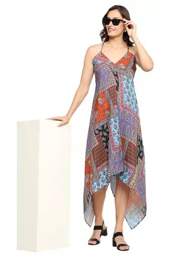 Yash gallery women's polyester patch digital printed maxi dress v-neck summer boho dress (multi)