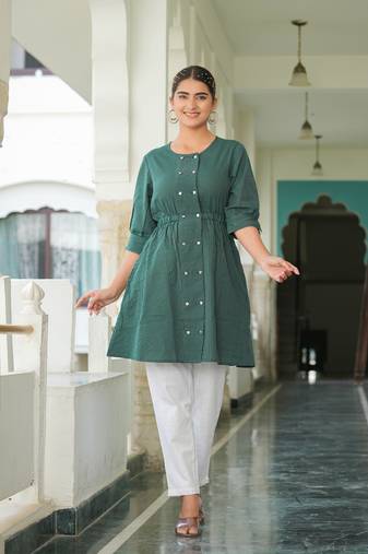 Yash gallery women's kantha cotton stripes printed regular tunic (green)