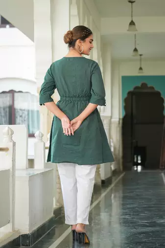  women's kantha cotton stripes printed regular tunic (green)