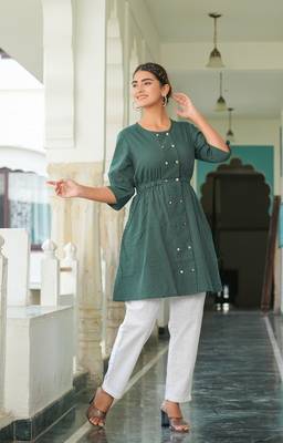  women's kantha cotton stripes printed regular tunic (green) 3