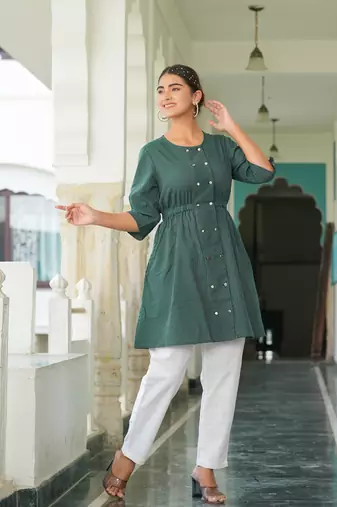 women's kantha cotton stripes printed regular tunic (green)
