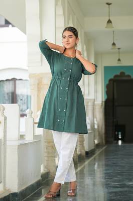  women's kantha cotton stripes printed regular tunic (green) 4