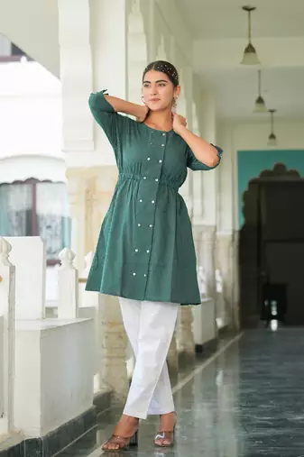  women's kantha cotton stripes printed regular tunic (green)