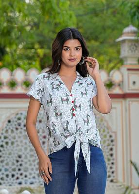  women's horse printed knot style regular top (white) 1