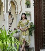 Yash gallery women's polyester digital printed flared dress (green)