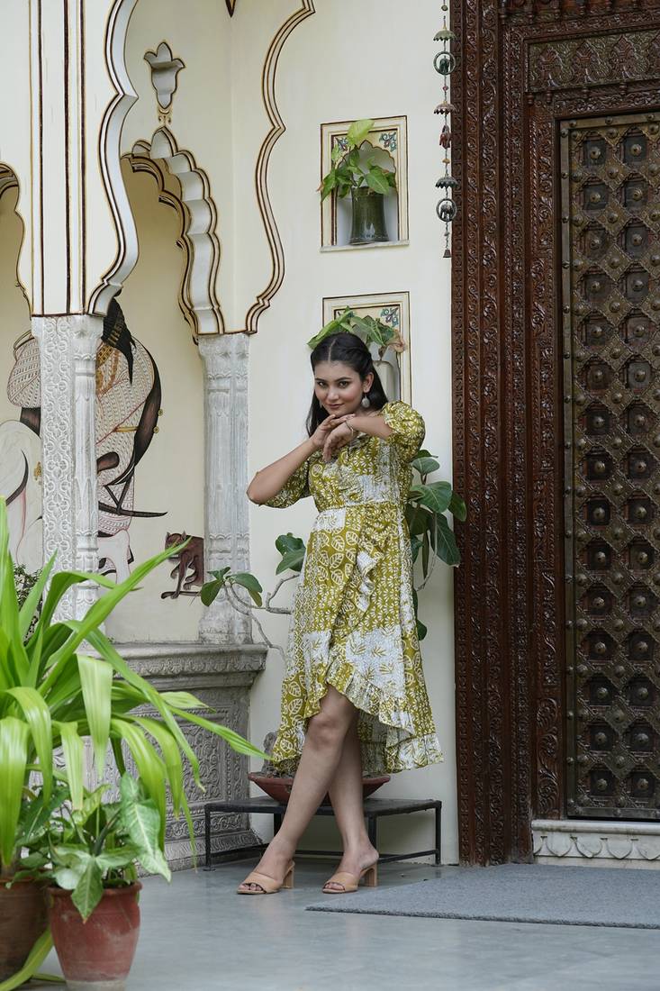 Yash gallery women's polyester digital printed flared dress (green)