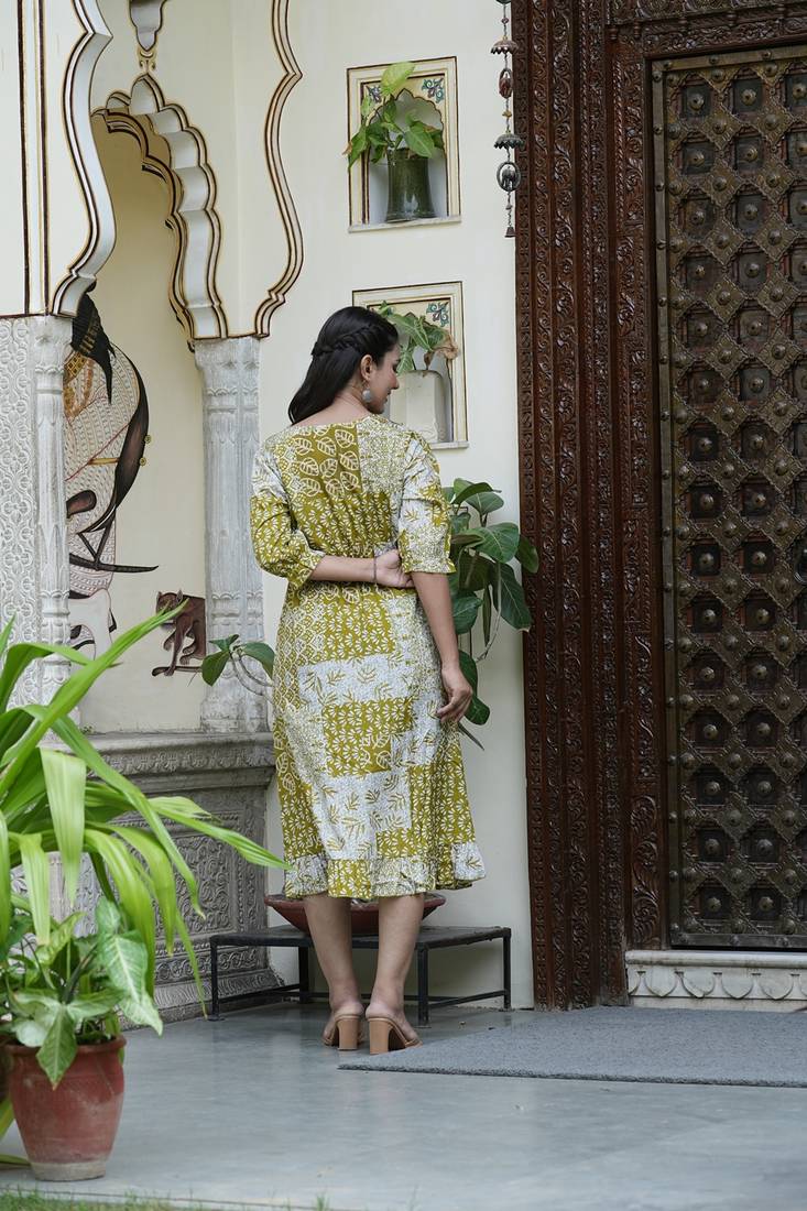 Yash gallery women's polyester digital printed flared dress (green)