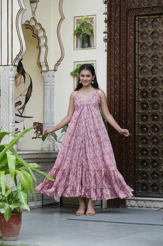 Yash gallery women's polyester digital printed flared dress (pink)