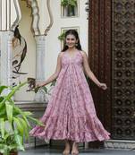 Yash gallery women's polyester digital printed flared dress (pink)