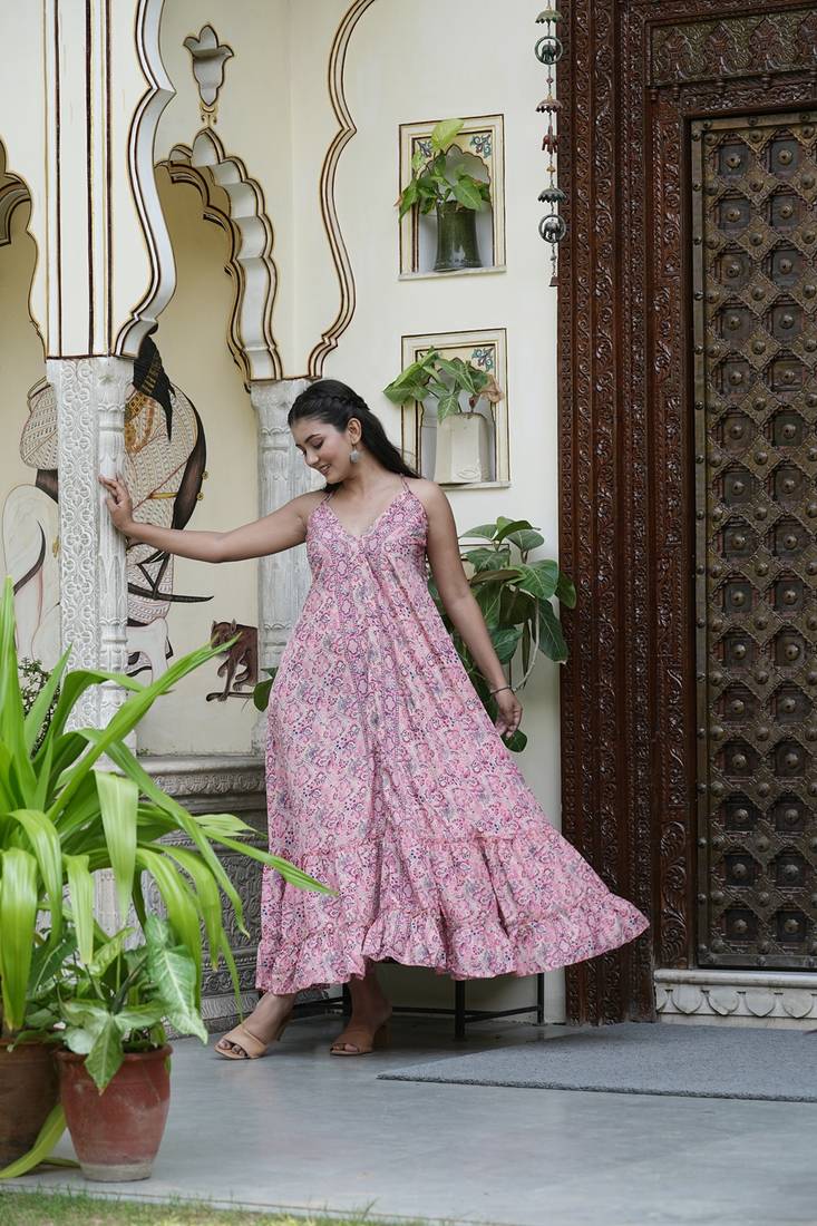 Yash gallery women's polyester digital printed flared dress (pink)