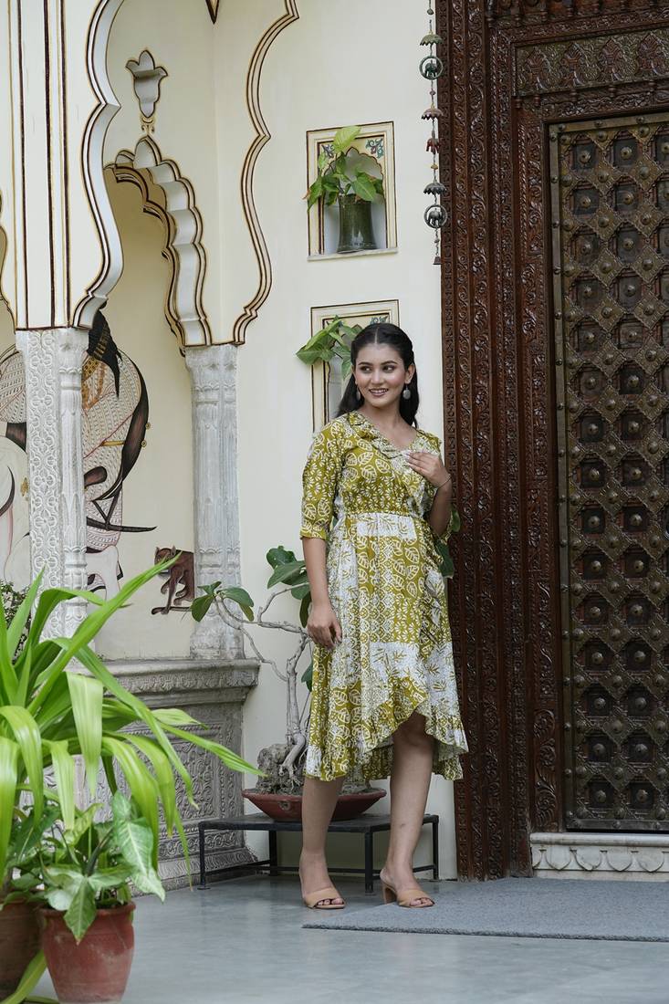 Yash gallery women's polyester digital printed flared dress (green)