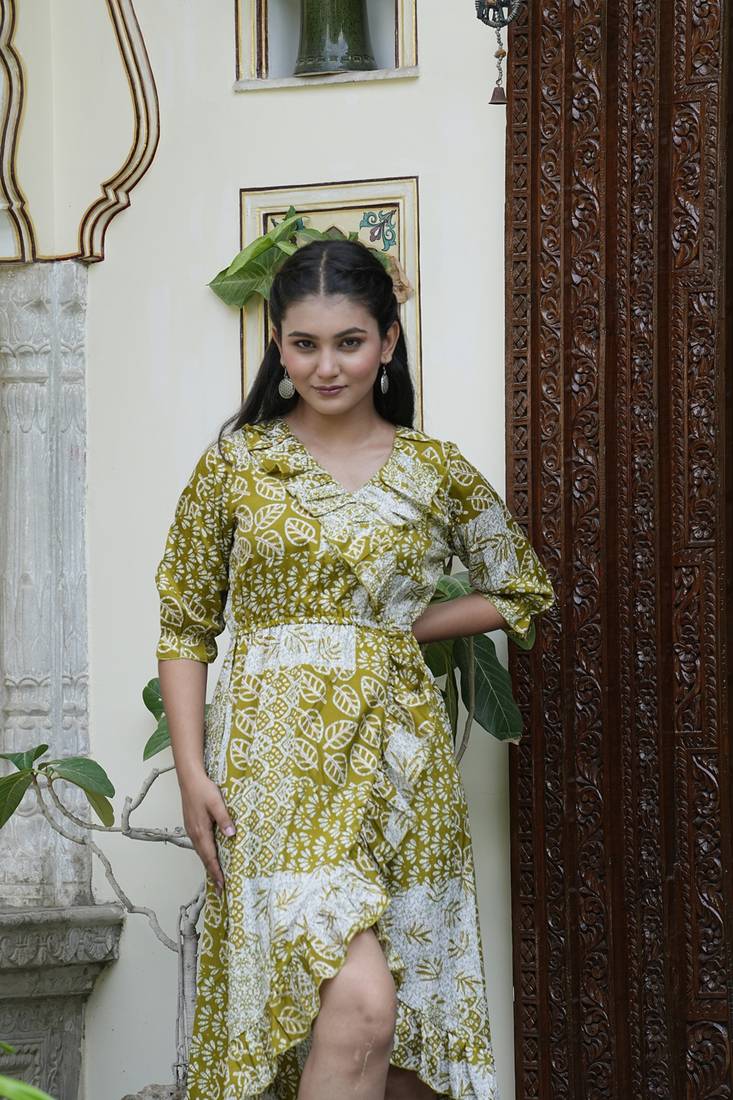 Yash gallery women's polyester digital printed flared dress (green)