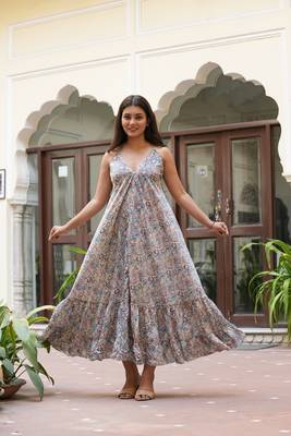  women's polyester digital printed flared dress (blue) 1