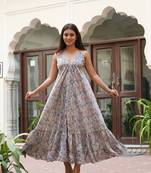 Yash gallery women's polyester digital printed flared dress (blue)