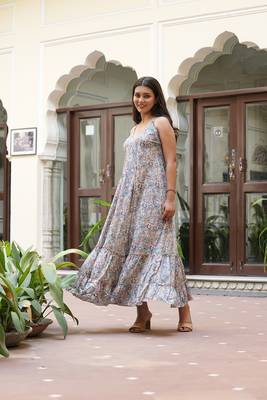  women's polyester digital printed flared dress (blue) 2