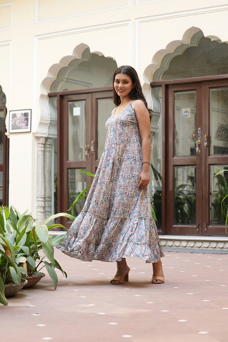 Yash gallery women's polyester digital printed flared dress (blue)