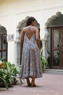  women's polyester digital printed flared dress (blue) 3