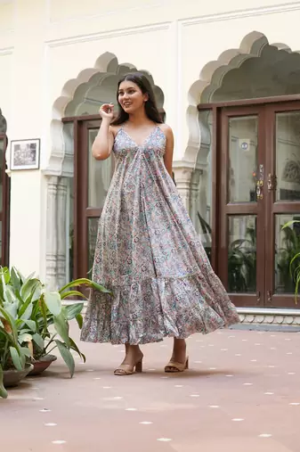  women's polyester digital printed flared dress (blue)