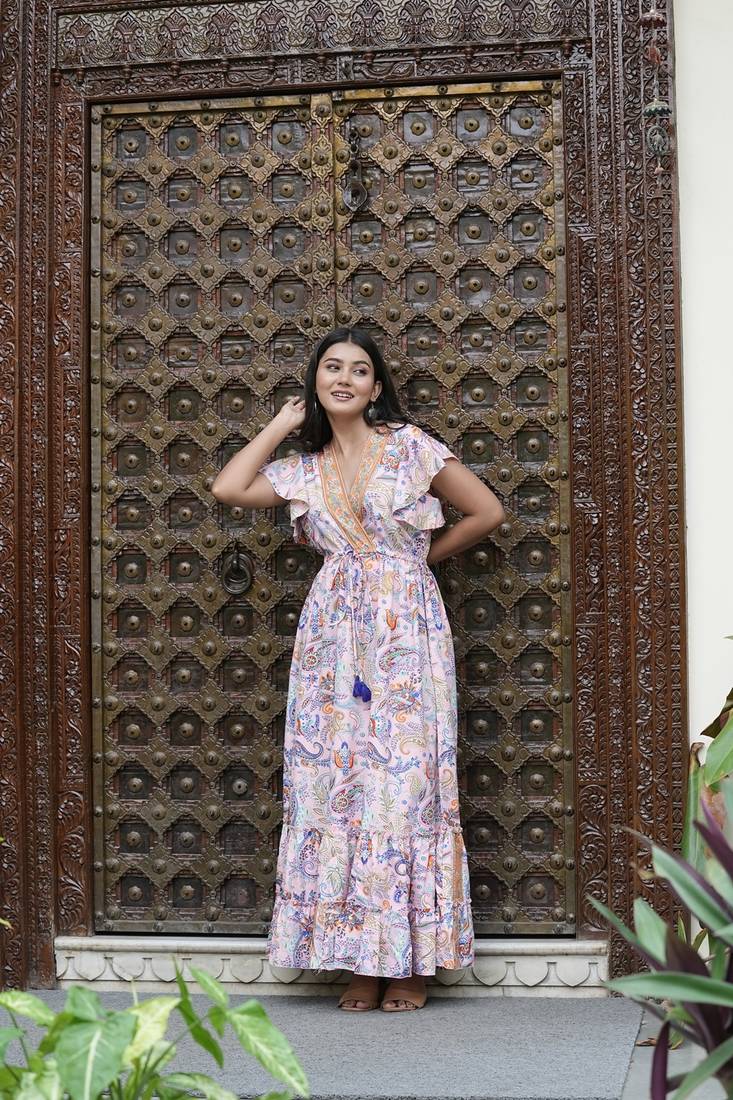 Yash gallery women's polyester bat sleeve maxi dress v-neck tassel summer boho dress (pink)