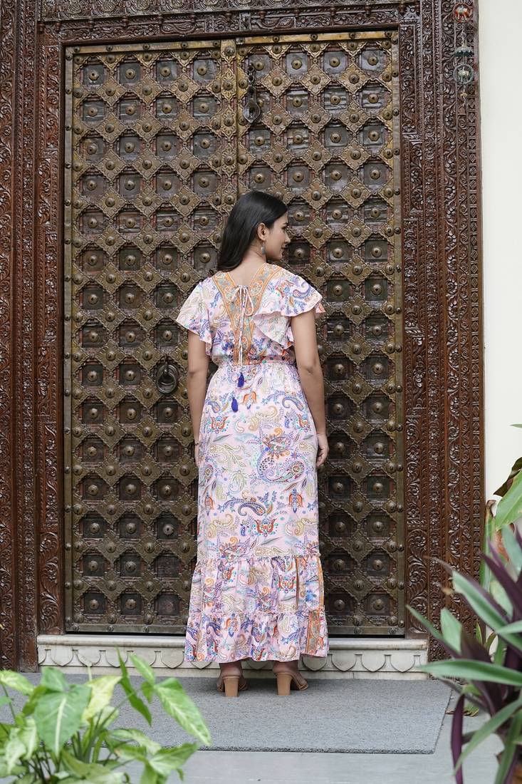 Yash gallery women's polyester bat sleeve maxi dress v-neck tassel summer boho dress (pink)