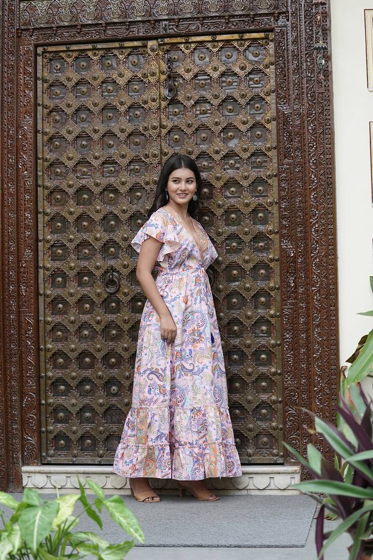 Yash gallery women's polyester bat sleeve maxi dress v-neck tassel summer boho dress (pink)