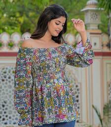  polyester waist length digital printed top for women puff sleeve