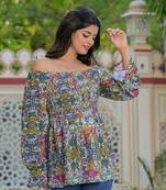 Yash gallery polyester waist length digital printed  top for women  puff sleeve