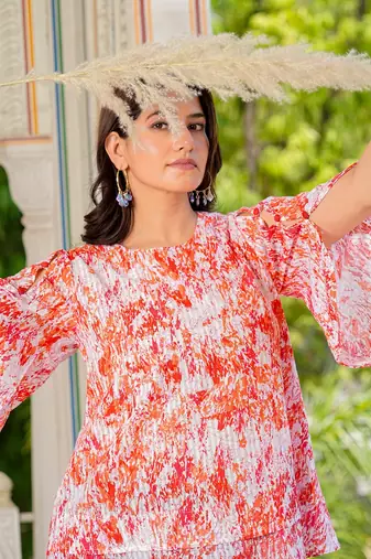  cotton waist length tie dye printed round neck bell sleeve top for women