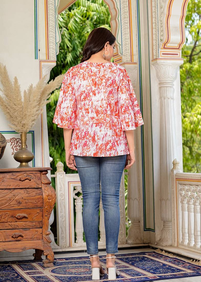 Yash gallery cotton waist length tie dye printed round neck bell sleeve top for women