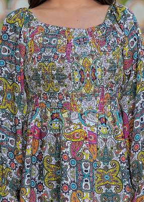  polyester waist length digital printed top for women puff sleeve 5