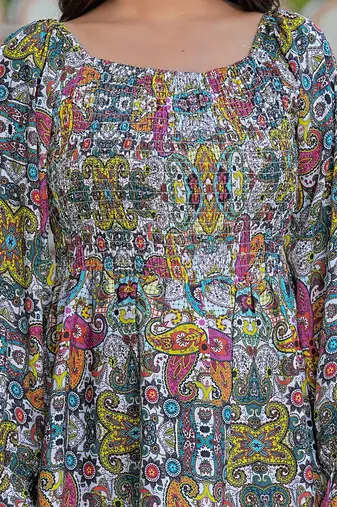  polyester waist length digital printed top for women puff sleeve