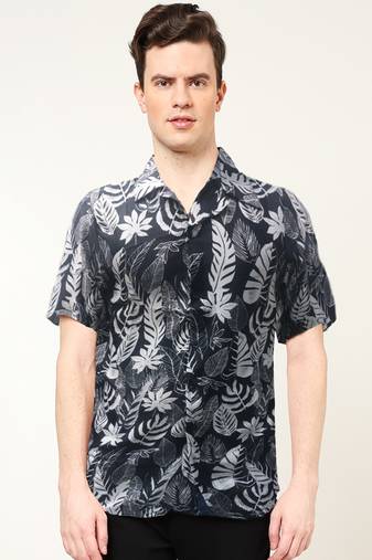 Yash gallery  men's polyester feather print  regular shirt  (black )