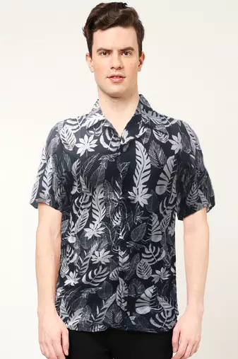 Yash gallery  men's polyester feather print  regular shirt  (black )