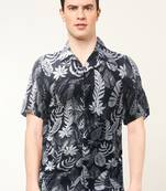 Yash gallery  men's polyester feather print  regular shirt  (black )