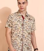 Yash gallery  men's cotton warli print    regular shirt  (offwhite )