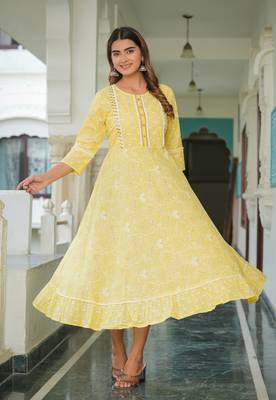  women's cotton floral printed embroidered anarkali kurta (yellow) 2
