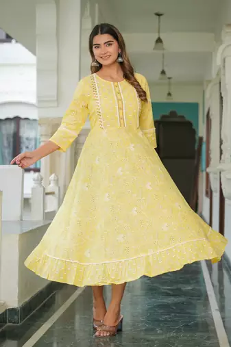 women's cotton floral printed embroidered anarkali kurta (yellow)