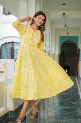  women's cotton floral printed embroidered anarkali kurta (yellow) 3