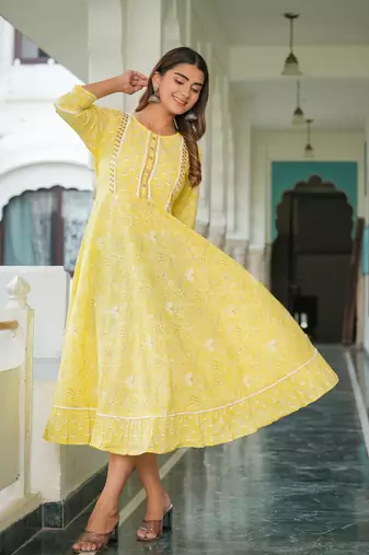  women's cotton floral printed embroidered anarkali kurta (yellow)