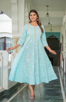  women's cotton floral printed embroidered anarkali kurta (blue) 2
