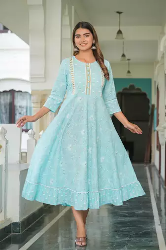  women's cotton floral printed embroidered anarkali kurta (blue)