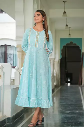  women's cotton floral printed embroidered anarkali kurta (blue)