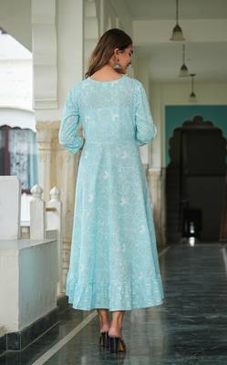  women's cotton floral printed embroidered anarkali kurta (blue) 1