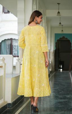  women's cotton floral printed embroidered anarkali kurta (yellow) 1