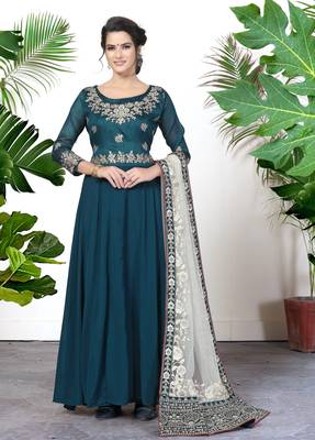  Teal Blue Faux Georgette Semi-Stitched Wedding Salwar Kameez 1