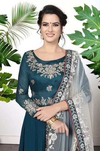  Teal Blue Faux Georgette Semi-Stitched Wedding Salwar Kameez