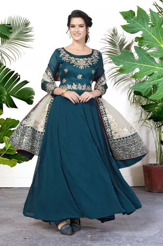  Teal Blue Faux Georgette Semi-Stitched Wedding Salwar Kameez