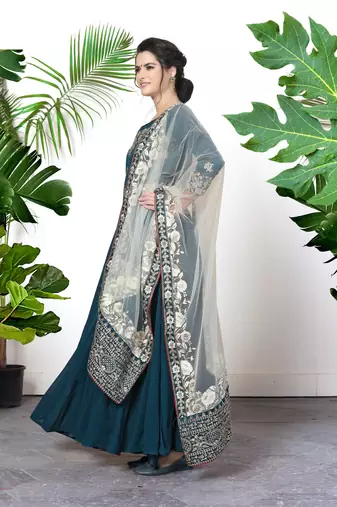  Teal Blue Faux Georgette Semi-Stitched Wedding Salwar Kameez