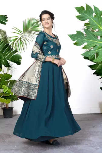  Teal Blue Faux Georgette Semi-Stitched Wedding Salwar Kameez